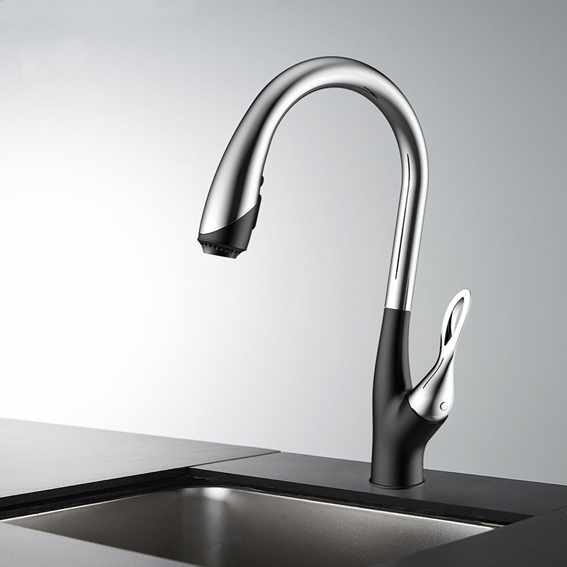 Chrome and Black Deck Mounted 360 Degree Swivel Pull Down Kitchen Faucet