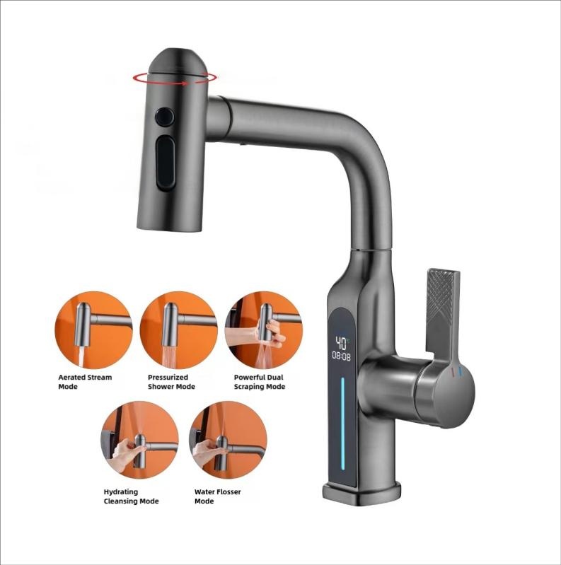 Five Function Solid Brass Pull Out Bathroom Faucet with Digital Display