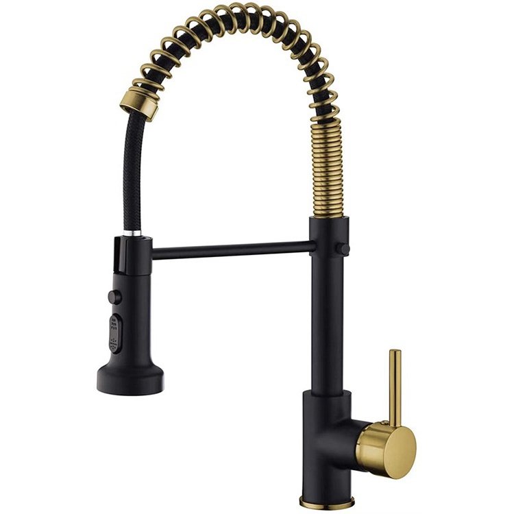 Black and Gold Commercial Style Pull Down Semi-Pro Spring Kitchen Faucet