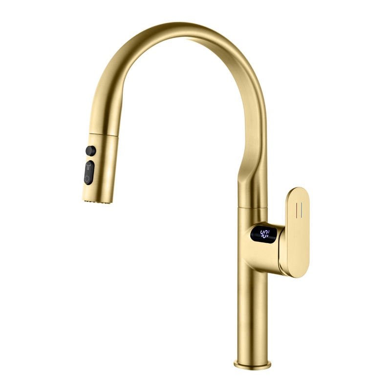 Luxury Digital Temperature Display Brass Pull Down Sprayer Kitchen Faucet