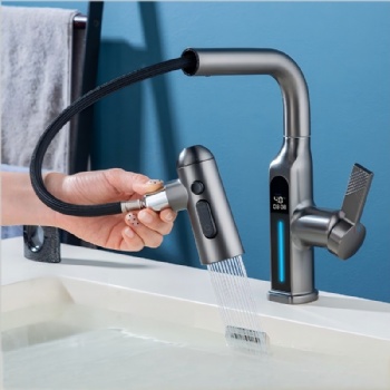Five Function Solid Brass Pull Out Bathroom Faucet with Digital Display
