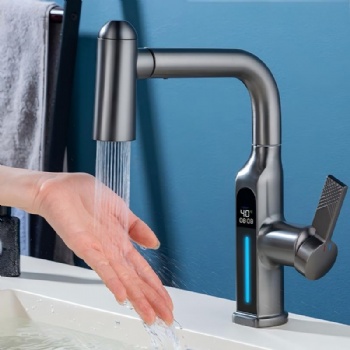 Five Function Solid Brass Pull Out Bathroom Faucet with Digital Display