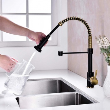 Black and Gold Commercial Style Pull Down Semi-Pro Spring Kitchen Faucet